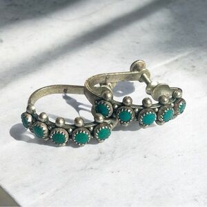 Vtg 1" Sterling Silver Turquoise Petit Point Zuni Screw Back Hoop Earrings